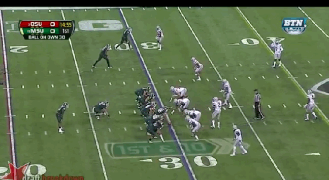 Spence v MSU 2013_beats 2 blocks to tackle RB